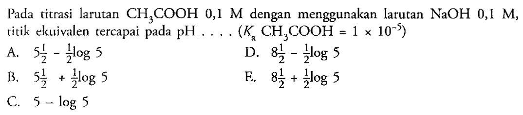 Pada titrasi larutan CH3COOH 0,1 M dengan menggunakan larutan NaOH 0,1 M, titik ekuivalen tercapai pada pH ... (Ka CH3 COOH=1 x 10^(-5)) 