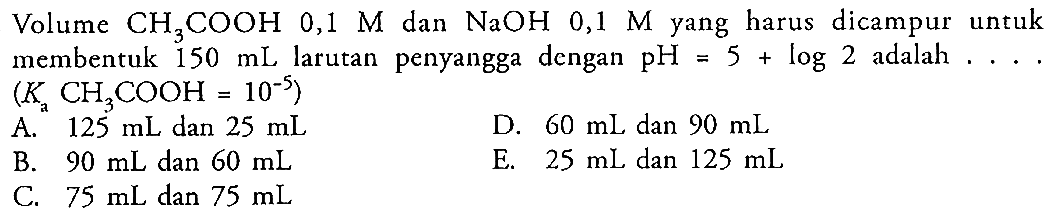 Volume CH3COOH 0,1 M dan NaOH 0,1 M yang harus dicampur untuk membentuk 150 mL larutan penyangga dengan pH=5+log 2 adalah..... (Ka CH3COOH=10^-5) 