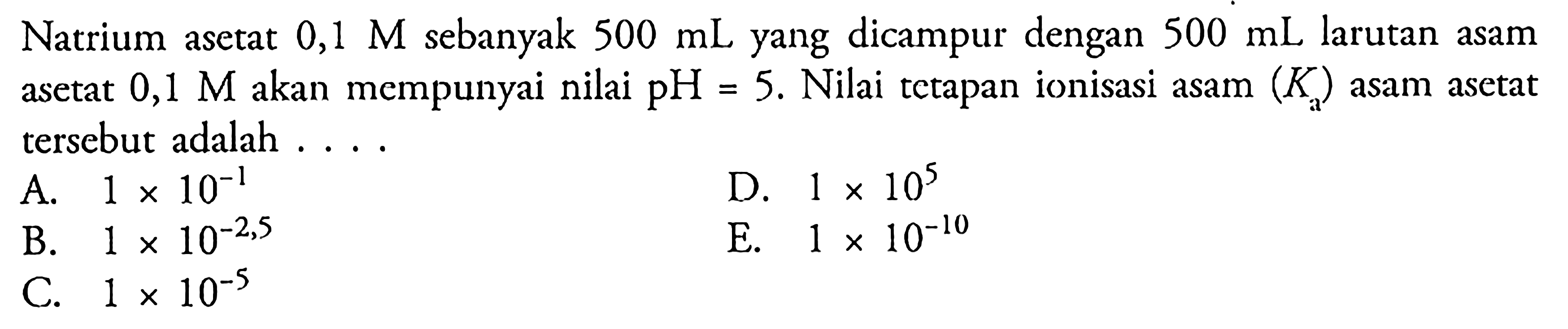 Natrium asetat 0,1 M sebanyak 500 mL yang dicampur dengan 500 mL larutan asam asetat 0,1 M akan mempunyai nilai pH = 5. Nilai tetapan ionisasi asam (Ka) asam asetat tersebut adalah .... 
