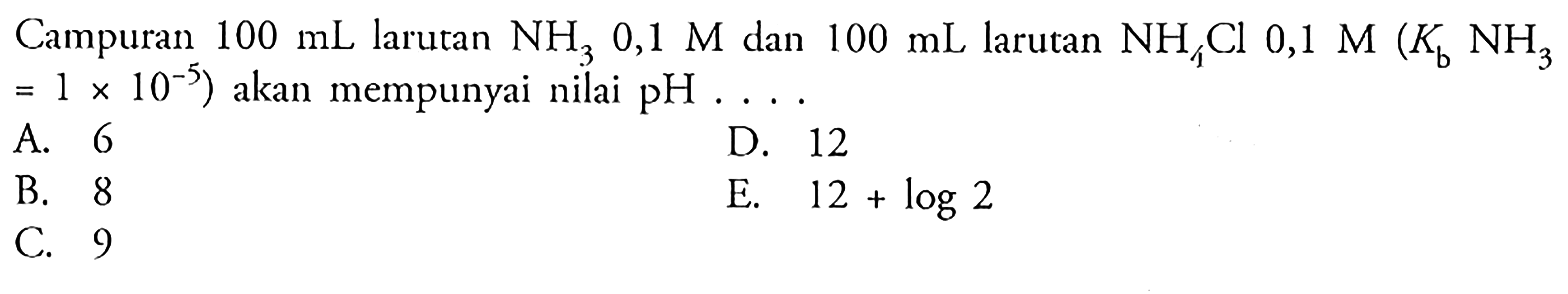 Campuran 100 mL larutan NH3 0,1 M dan 100 mL larutan NH4Cl 0,1 M (Kb NH3 = 1 x 10^(-5)) akan mempunyai nilai pH