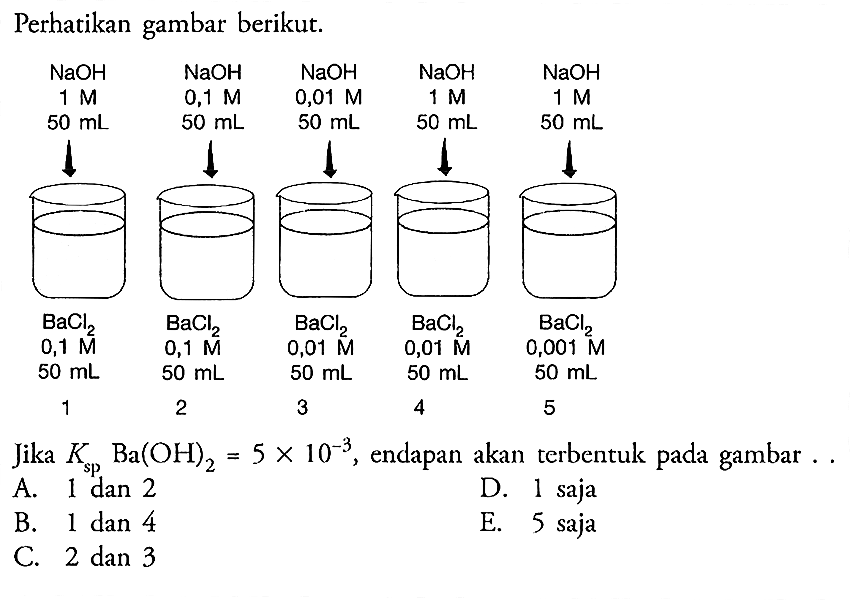 Perhatikan gambar berikut.Jika  Ks p Ba(OH)2=5 x 10^-3 , endapan akan terbentuk pada gambar..A. 1 dan 2D. 1 sajaB. 1 dan 4E. 5 sajaC.  2 dan 3 