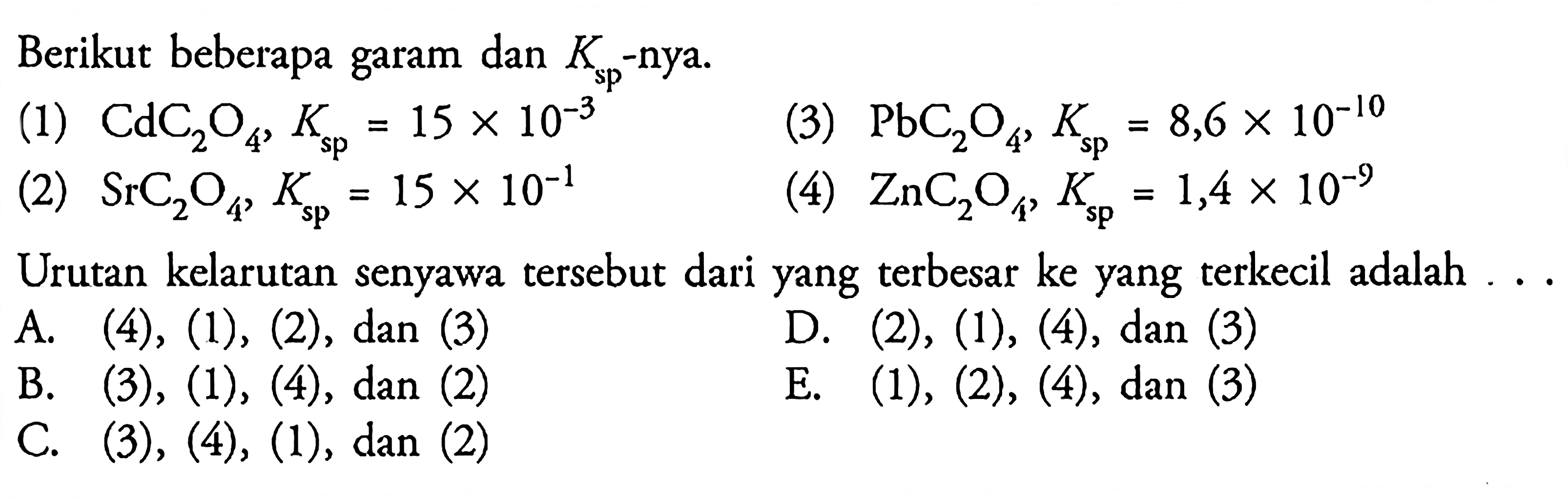 Berikut beberapa garam dan  Ks p -nya.(1)  CdC2O4, Ksp=15x10^-3 (3)  PbC2O4, Ks p=8,6x10^-10 (2)  SrC2O4, Ks p=15x10^-1 (4)  ZnC2O4, Ks p=1,4x10^-9 Urutan kelarutan senyawa tersebut dari yang terbesar ke yang terkecil adalah