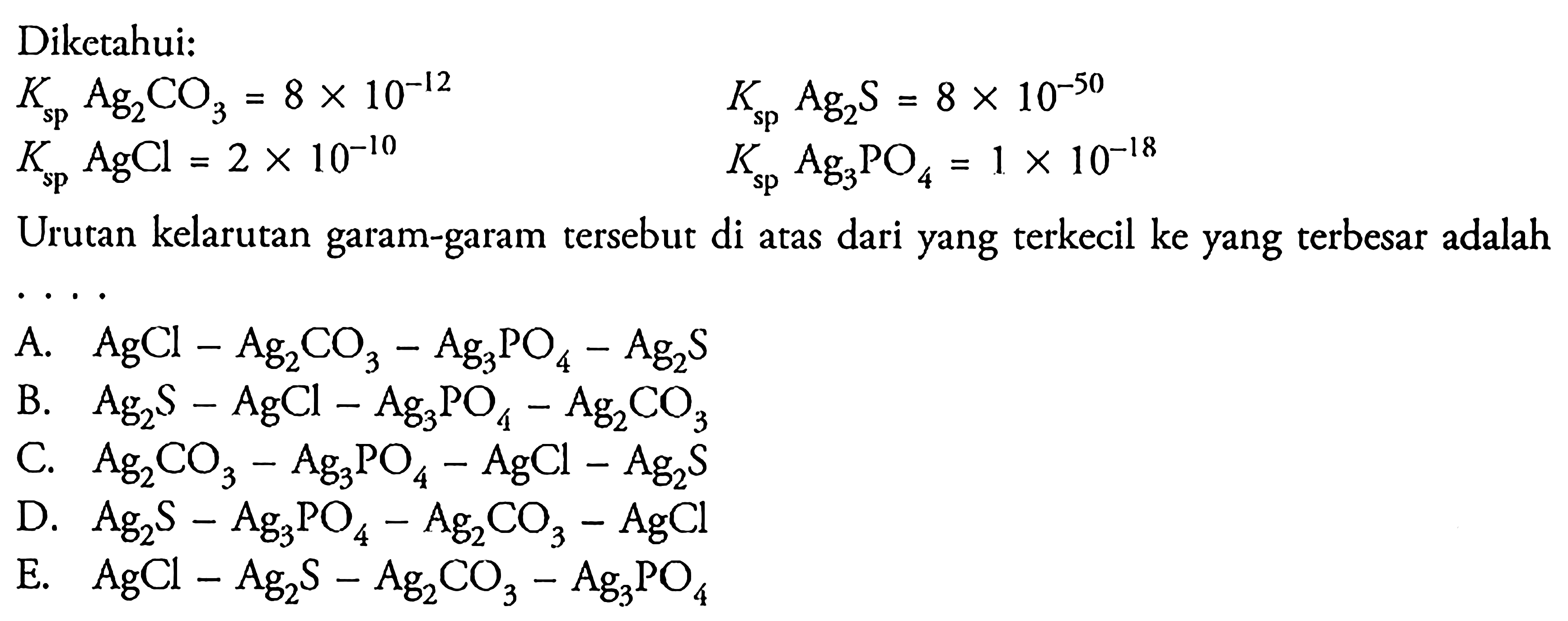 Diketahui: Ksp Ag2CO3=8x10^-12 Ksp Ag2S=8x10^-50 Ksp AgCl=2x10^-10 Ksp Ag3PO4=1x10^-18 Urutan kelarutan garam-garam tersebut di atas dari yang terkecil ke yang terbesar adalah