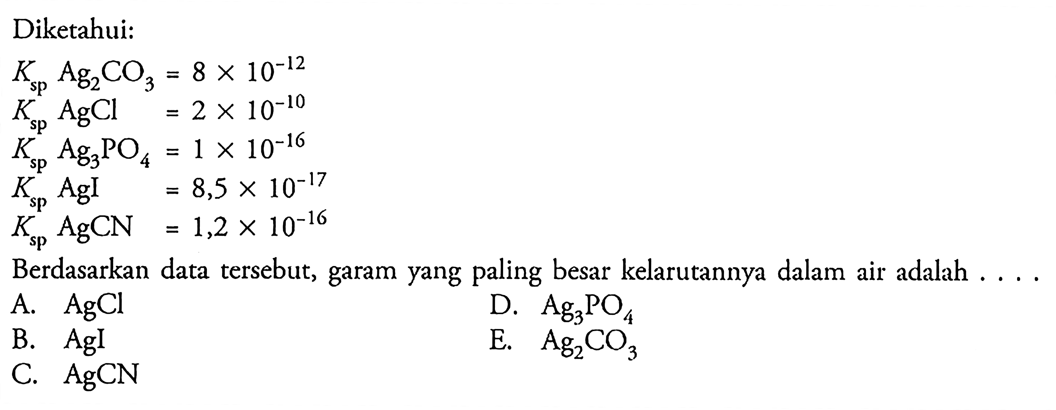 Diketahui:Ks p Ag2 CO3=8 x 10^-12 Ks p AgCl=2 x 10^-10 Ks p Ag3 PO4=1 x 10^-16 Ks p AgI=8,5 x 10^-17 Ks p AgCN=1,2 x 10^-16Berdasarkan data tersebut, garam yang paling besar kelarutannya dalam air adalah....