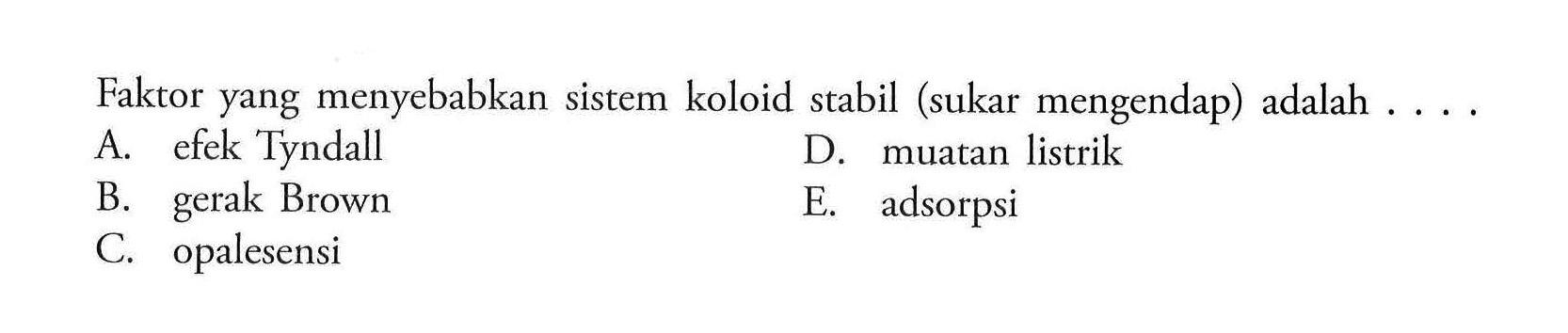 Faktor yang menyebabkan sistem koloid stabil (sukar mengendap) adalah ....A. efek Tyndall B. gerak Brown C. opalesensi D. muatan listrik E. adsorpsi 