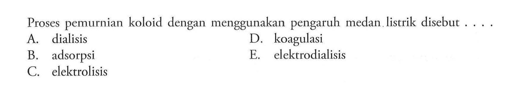 Proses pemurnian koloid dengan menggunakan pengaruh medan listrik disebut ....