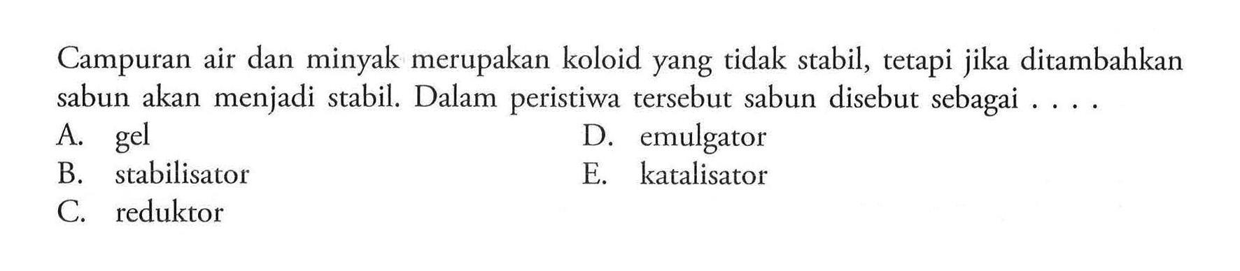 Campuran air dan minyak merupakan koloid yang tidak stabil, tetapi jika ditambahkan sabun akan menjadi stabil. Dalam peristiwa tersebut sabun disebut sebagai ....