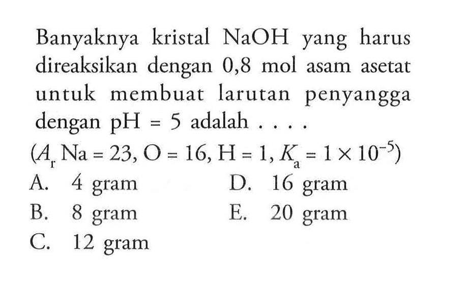 Banyaknya kristal  NaOH  yang harus direaksikan dengan  0,8 mol  asam asetat untuk membuat larutan penyangga dengan  pH=5  adalah  ... .  (Ar Na=23, O=16, H=1, Ka=1 x 10^-5) A. 4 gramD. 16 gramB. 8 gramE. 20 gramC. 12 gram