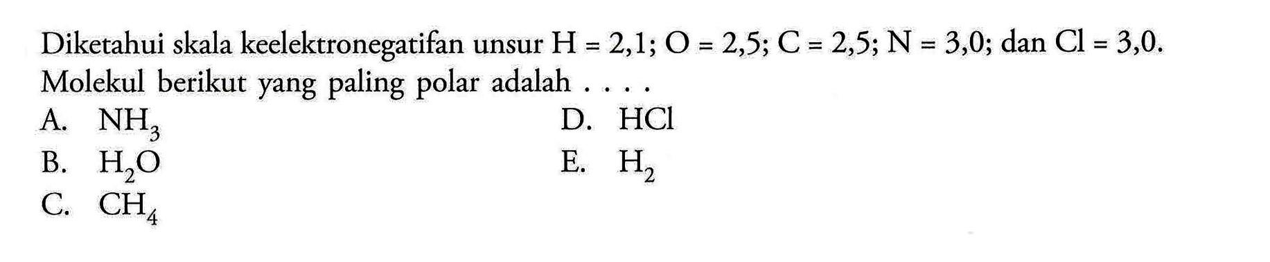 Diketahui skala keelektronegatifan unsur H = 2,1; O = 2,5; C = 2,5; N = 3,0; dan Cl = 3,0. Molekul berikut yang paling polar adalah A. NH3 D. HCI B. H2O E. H2 C. CH4