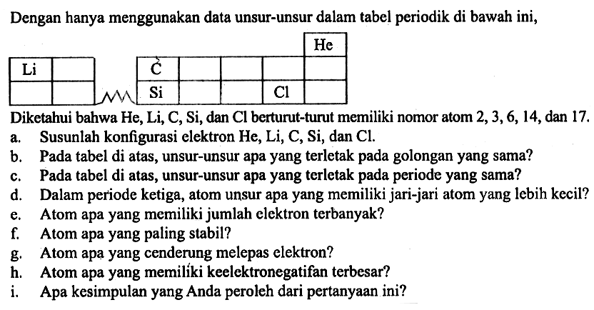 Dengan hanya menggunakan data unsur-unsur dalam tabel periodik di bawah ini, 
He Li C Si Cl 
Diketahui bahwa He, Li, C, Si, dan Cl berturut-turut memiliki nomor atom 2, 3, 6, 14, dan 17. 
a. Susunlah konfigurasi elektron He, Li, C, Si, dan Cl. 
b. Pada tabel di atas, unsur-unsur apa yang terletak pada golongan yang sama? 
c. Pada tabel di atas, unsur-unsur apa yang terletak pada periode yang sama? 
d. Dalam periode ketiga, atom unsur apa yang memiliki jari-jari atom yang lebih kecil? 
e. Atom apa yang memiliki jumlah elektron terbanyak? 
f. Atom apa yang paling stabil? 
g. Atom apa yang cenderung melepas elektron? 
h. Atom apa yang memiliki keelektronegatifan terbesar? 
i. Apa kesimpulan yang Anda peroleh dari pertanyaan ini?