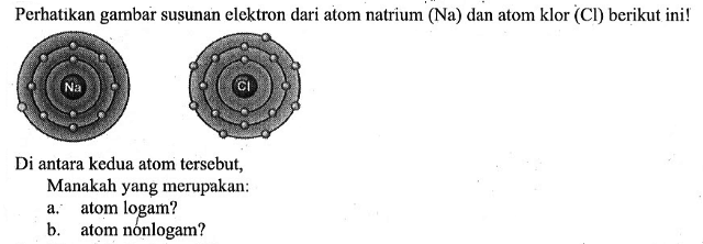 Perhatikan gambar susunan elektron dari atom natrium (Na) dan atom klor (Cl) berikut ini! 
Di antara kedua atom tersebut, 
 Manakah yang merupakan: 
a. atom logam ? 
b. atom nonlogam ?