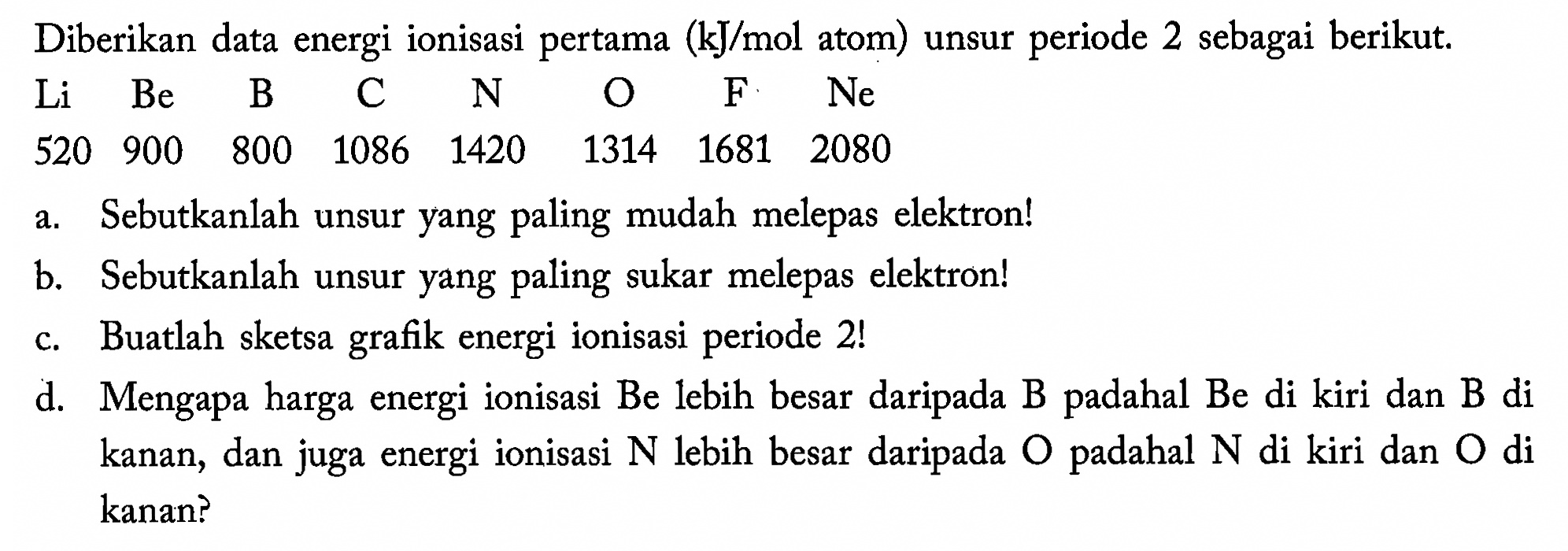 Diberikan data energi ionisasi pertama  (kJ/mol  atom) unsur periode 2 sebagai berikut.
 Li  Be  B  C  N  O  F  Ne 
 520  900  800  1086  1420  1314  1681  2080 
a. Sebutkanlah unsur yang paling mudah melepas elektron!
b. Sebutkanlah unsur yang paling sukar melepas elektron!
c. Buatlah sketsa grafik energi ionisasi periode 2 !
d. Mengapa harga energi ionisasi Be lebih besar daripada B padahal Be di kiri dan  B  di kanan, dan juga energi ionisasi  N  lebih besar daripada  O  padahal  N  di kiri dan  O  di kanan?