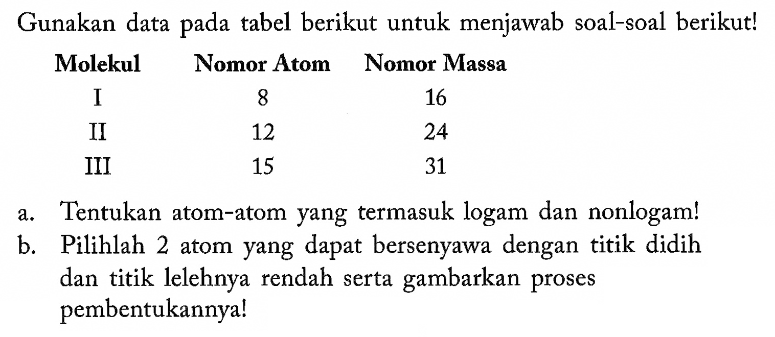 Gunakan data pada tabel berikut untuk menjawab soal-soal berikut! Molekul Nomor Atom Nomor Massa I 8 16 II 12 24 III 15 31 a. Tentukan atom-atom yang termasuk logam dan nonlogam! b. Pilihlah 2 atom yang dapat bersenyawa dengan titik didih dan titik lelehnya rendah serta gambarkan proses pembentukannya!