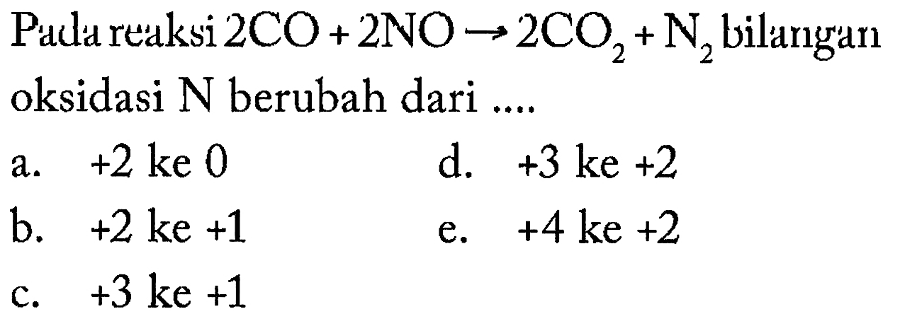 Pada reaksi 2 CO + 2 NO -> 2 CO2 + N2 bilangan oksidasi N berubah dari 
