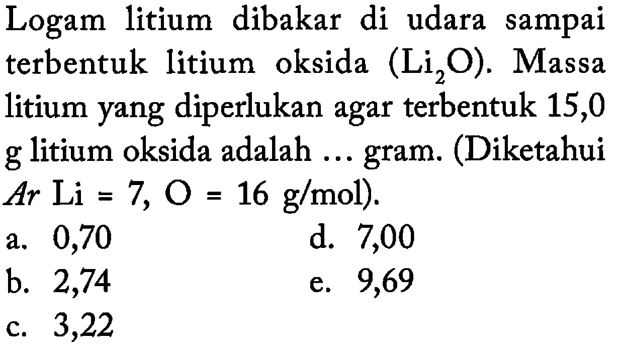 Logam litium dibakar di udara sampai terbentuk litium oksida (L2O). Massa litium yang diperlukan agar terbentuk 15,0 g litium oksida adalah... gram. (Diketahui Ar Li=7, O=16 g/mol).