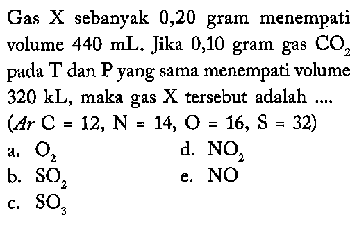 Gas X sebanyak 0,20 gram menempati volume 440 mL. Jika 0,10 gram gas CO2 pada T dan P yang sama menempati volume 320 kL, maka gas X tersebut adalah .... (Ar C=12, N=14, O=16, S=32) 