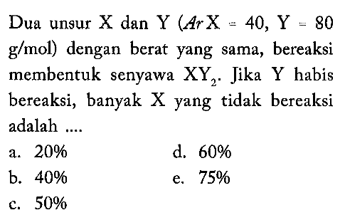 Dua unsur X dan Y (Ar X = 40, Y = 80 g/mol) dengan berat yang sama, bereaksi membentuk senyawa XY2. Jika Y habis bereaksi, banyak X yang tidak bereaksi adalah ....