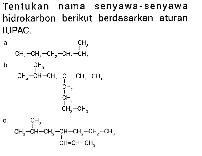 Tentukan nama senyawa-senyawa hidrokarbon berikut berdasarkan aturan IUPAC.
a. CH3 
| 
CH3 - CH2 - CH2 - CH2 - CH2 