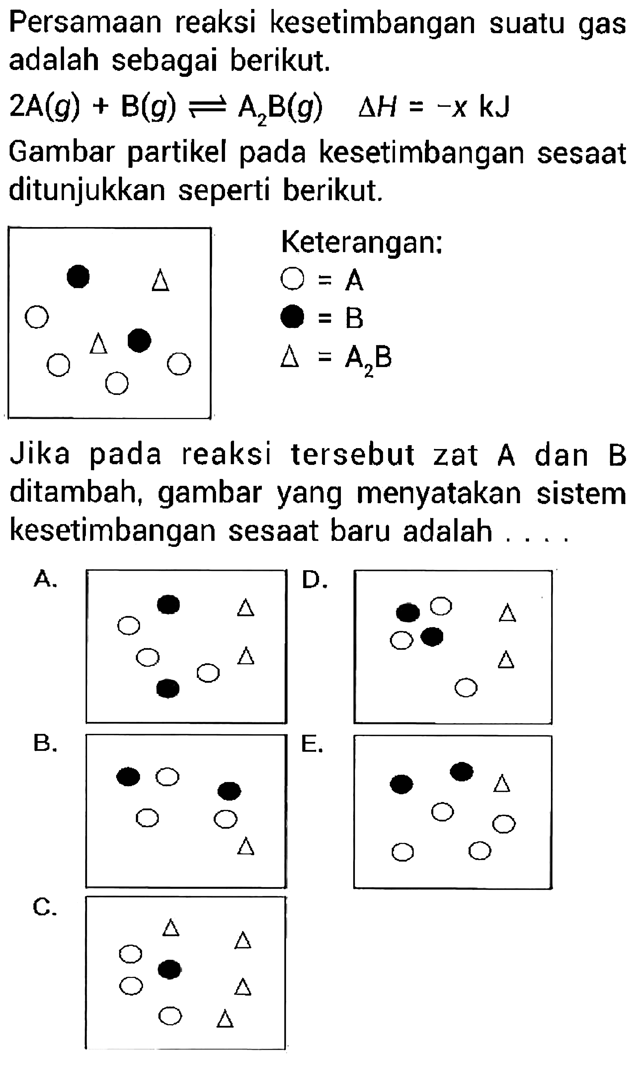 Persamaan reaksi kesetimbangan suatu gas adalah sebagai berikut. 2A(g) + B(g) <=> A2B(g) delta H=-x kJ Gambar partikel pada kesetimbangan sesaat ditunjukkan seperti berikut. Keterangan: A B A2B Jika pada reaksi tersebut zat A dan B ditambah, gambar yang menyatakan sistem kesetimbangan sesaat baru adalah .... 