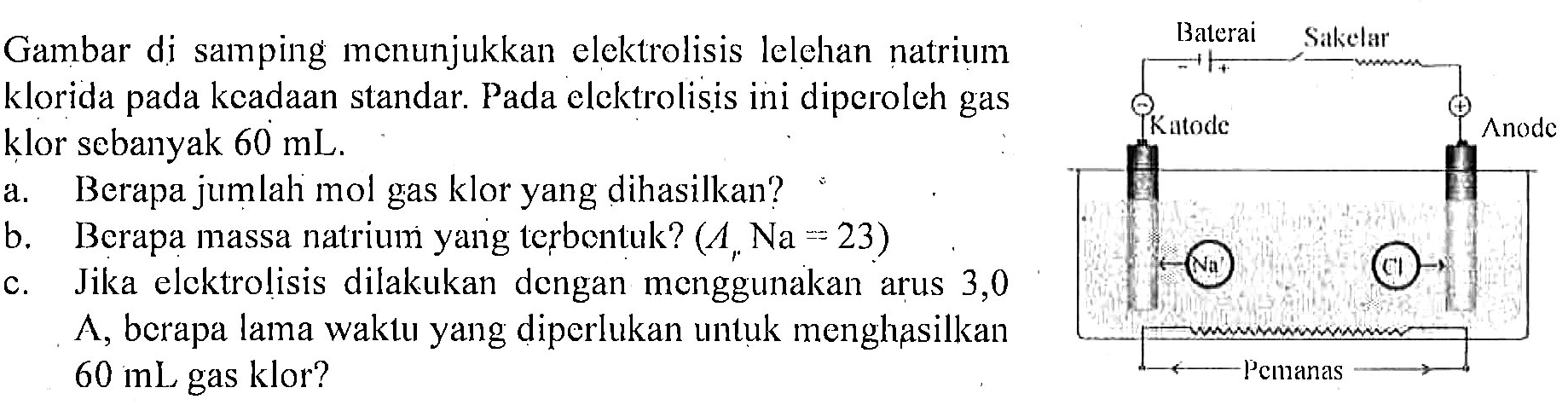 Gambar di samping menunjukkan elektrolisis lelehan natrium klorida pada keadaan standar. Pada elektrolisis ini diperoleh gas klor sebanyak 60 mL. 
a. Berapa jumlah mol gas klor yang dihasilkan? 
b. Berapa massa natrium yang terbentuk? (Ar Na = 23) 
c. Jika elektrolisis dilakukan dengan menggunakan arus 3,0 A, berapa lama waktu yang diperlukan untuk menghasilkan 60 mL gas klor? 
Baterai Sakelar - + - + Katode Anode Na Cl Pemanas
