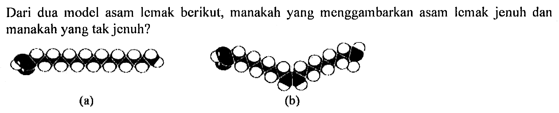 Dari dua model asam lemak berikut, manakah yang menggambarkan asam lemak jenuh dan manakah yang tak jenuh? 
(a) (b)