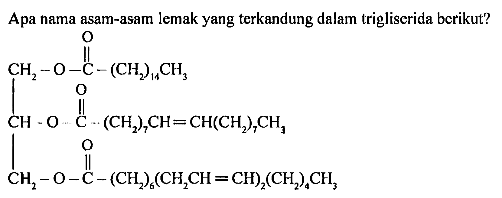 Apa nama asam-asam lemak yang terkandung dalam trigliserida berikut?
CH2 O C O (CH7)14 CH3
CH O C O (CH2)7CH CH(CH2)7 CH3
CH2 O C O (CH2)6(CH2CH CH)2(CH2)4 CH3