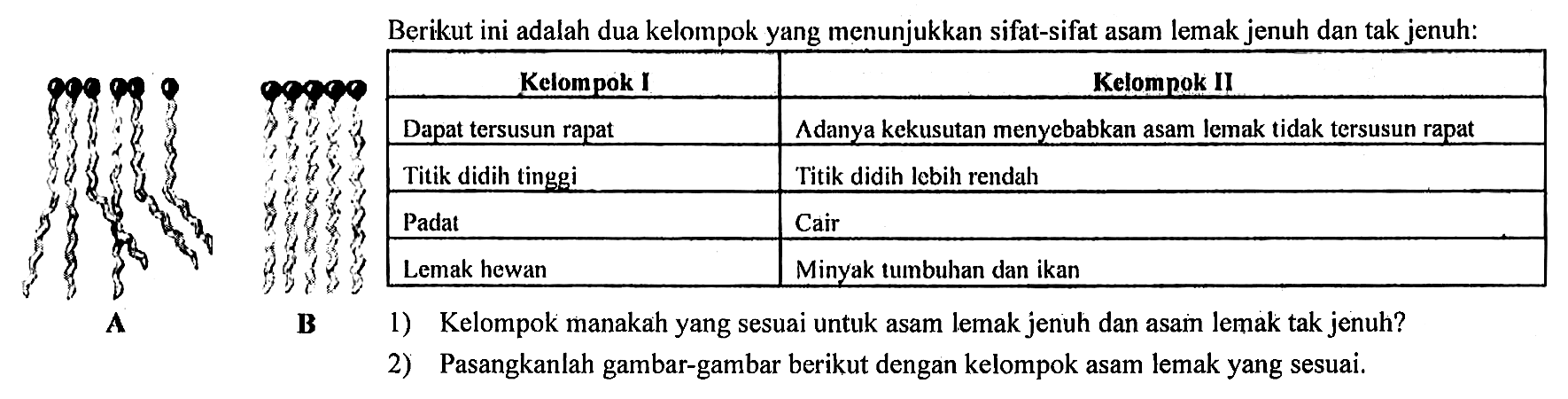 Berikut ini adalah dua kelompok yang menunjukkan sifat-sifat asam lemak jenuh dan tak jenuh:

Kelompok I Kelompok II
Dapat tersusun rapat Adanya kekusutan menyebabkan asam lemak tidak tersusun rapat 
 Titik didih tinggi Titik didih lebih rendah 
 Padat Cair 
 Lemak hewan Minyak tumbuhan dan ikan 

1) Kelompok manakah yang sesual untuk asam lemak jenuh dan asam lemak tak jenuh?
2) Pasangkanlah gambar-gambar berikut dengan kelompok asam lemak yang sesuai.