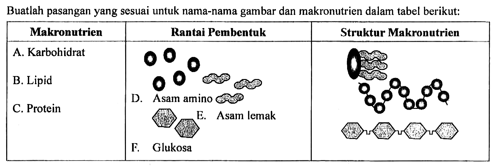 Buatlah pasangan yang sesuai untuk nama-nama gambar dan makronutrien dalam tabel berikut: 
Makronutrien Rantai Pembentuk Struktur Makronutrien 
A. Karbohidrat 
B. Lipid 
C. Protein 
D. Asam amino 
E. Asam lemak 
F. Glukosa