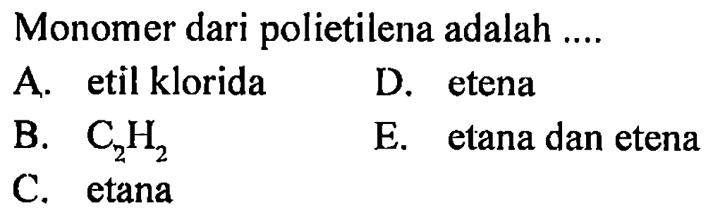 Monomer dari polietilena adalah ....
