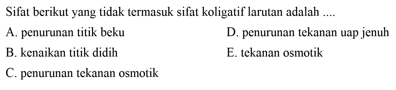 Sifat berikut yang tidak termasuk sifat koligatif larutan adalah .... 