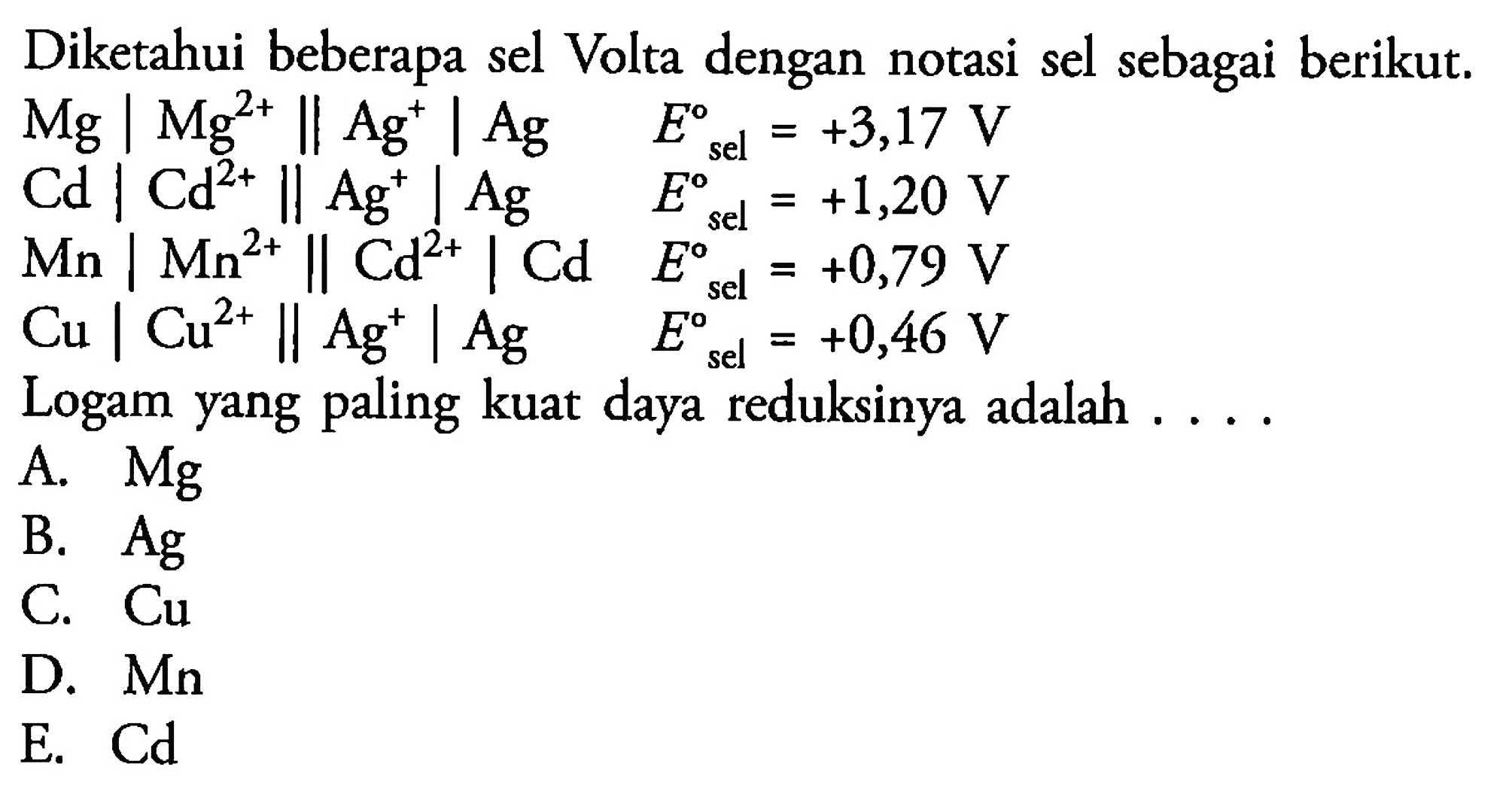 Diketahui beberapa sel Volta dengan notasi sel sebagai berikut. 
Mg | Mg^(2+) || Ag^+ | Ag E sel = +3,17 V 
Cd | Cd^(2+) || Ag^+ | Ag E sel = +1,20 V 
Mn | Mn^(2+) || Cd^(2+) | Cd E sel = +0,79 V 
Cu | Cu^(2+) || Ag^+ | Ag E sel = +0,46 V 
Logam yang paling kuat daya reduksinya adalah 
A. Mg B. Ag C. Cu D. Mn E. Cd