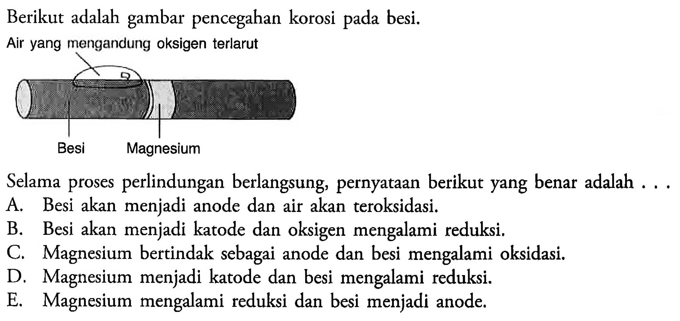 Berikut adalah gambar pencegahan korosi pada besi.
Air yang mengandung oksigen terlarut
Selama proses perlindungan berlangsung, pernyataan berikut yang benar adalah ...
A. Besi akan menjadi anode dan air akan teroksidasi.
B. Besi akan menjadi katode dan oksigen mengalami reduksi.
C. Magnesium bertindak sebagai anode dan besi mengalami oksidasi.
D. Magnesium menjadi katode dan besi mengalami reduksi.
E. Magnesium mengalami reduksi dan besi menjadi anode.