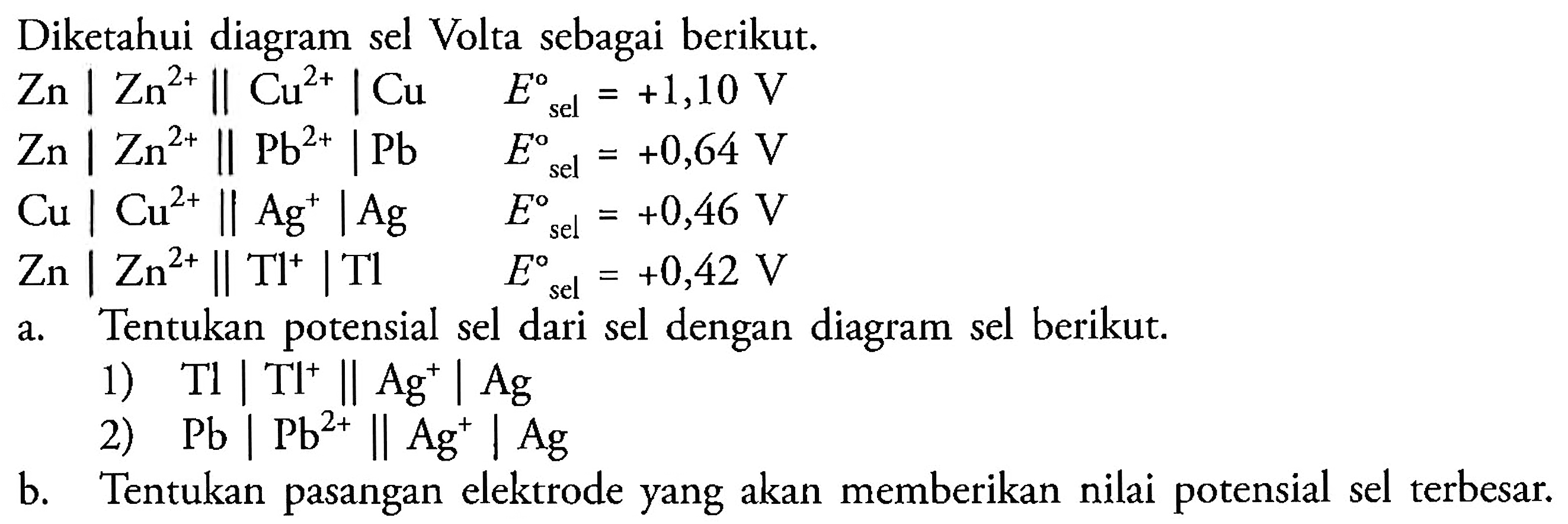 Diketahui diagram sel Volta sebagai berikut. 
Zn | Zn^(2+) || Cu^(2+) | Cu E sel = +1,10 V 
Zn | Zn^(2+) || Pb^(2+) | Pb E sel = +0,64 V 
Cu | Cu^(2+) || Ag^+ | Ag E sel = +0,46 V 
Zn | Zn^(2+) || TI^+ | TI E sel = +0,42 V 
a. Tentukan potensial sel dari sel dengan diagram sel berikut. 
1) TI | TI^+ ||  Ag^+ | Ag 
2) Pb | Pb^(2+) || Ag^+ | Ag 
b. Tentukan pasangan elektrode yang akan memberikan nilai potensial sel terbesar.