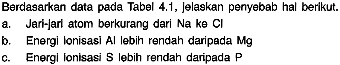 Berdasarkan data pada Tabel 4.1, jelaskan penyebab hal berikut.
a. Jari-jari atom berkurang dari Na ke Cl 
b. Energi ionisasi Al lebih rendah daripada Mg 
c. Energi ionisasi S lebih rendah daripada P 