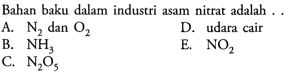 Bahan baku dalam industri asam nitrat adalah ...