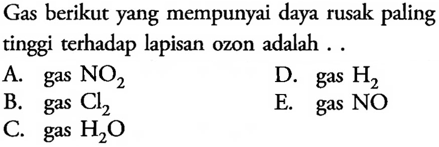 Gas berikut yang mempunyai daya rusak paling tinggi terhadap lapisan ozon adalah...