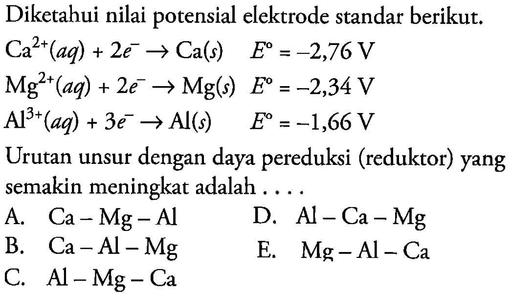 Diketahui nilai potensial elektrode standar berikut.

Ca^(2+)(a q)+2 e^(-) -> Ca(s)  E=-2,76 V

 Mg^(2+)(a q)+2 e^(-) -> Mg(s)  E=-2,34 V 
 Al^(3+)(a q)+3 e^(-) -> Al(s)  E=-1,66 V 
Urutan unsur dengan daya pereduksi (reduktor) yang semakin meningkat adalah ....
