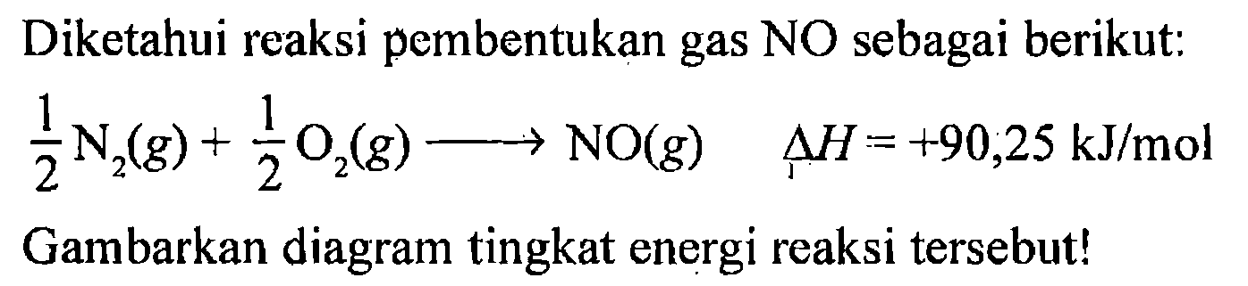 Diketahui reaksi pembentukan gas NO sebagai berikut: 
1/2 N2 (g) + 1/2 O2 (g) -> NO (g) delta H = +90,25 kJ/mol 
Gambarkan diagram tingkat energi reaksi tersebut!