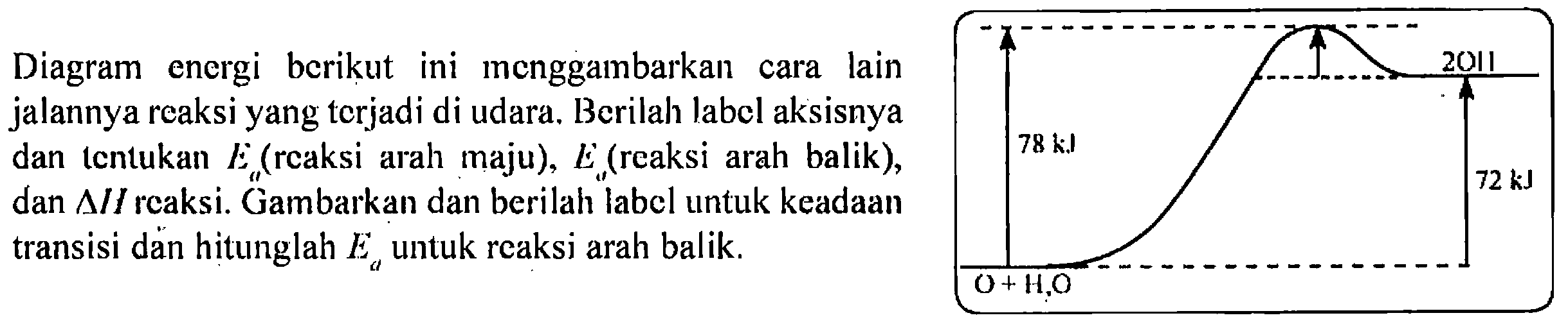 Diagram energi berikut ini menggambarkan cara lain jalannya reaksi yang terjadi di udara. Berilah label aksisnya
dan tentukan Ea (reaksi arah maju), Ea(reaksi arah balik), dan delta H reaksi. Gambarkan dan berilah label untuk keadaan
transisi dan hitunglah Ea untuk reaksi arah balik. 2OH 78 kJ 72 kJ O + H2) 