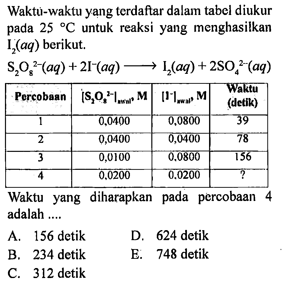 Waktui-waktu yang terdaftar dalam tabel diukur pada 25 C untuk reaksi yang menghasilkan I2(aq) berikut.S2O8^(2-)(aq) + 2I^-(aq) -> I2(aq) + 2SO4(^2-)(aq) Porcobaan [S2O8^(2-)] awal M [1-] awal M Waktu (detik)  1  0,0400  0,0800  39  2  0,0400  0,0400  78  3  0,0100  0,0800  156  4  0,0200  0,0200   ?  Waktu yang diharapkan pada percobaan 4 adalah ....