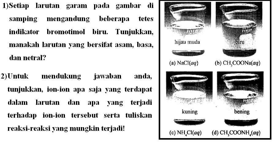 1)Setiap larutan garam pada gambar di samping mengandung beberapa tetes indikator bromotimol biru: Tunjukkan; manakah larutan yang bersifat asam, basa, dan netral? 
2) Untuk mendukung jawaban anda, tunjukkan;  ion-ion apa saja yang terdapat dalam larutan dan apa yang terjadi terhadap ion-ion tersebut serta tuliskan reaksi-reaksi yang mungkin terjadi! 
hijau muda biru
a) NaCl(aq) (b) CH3COONa(aq) 
kuning bening
(c) NHCI(aq) (d) CH3COONH4(aq)