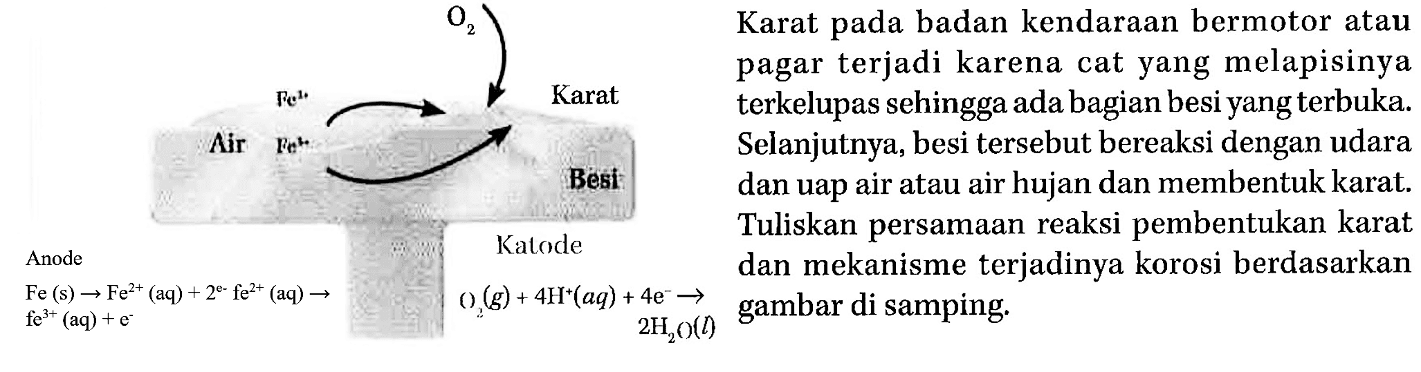 Karat pada badan kendaraan bermotor atau pagar terjadi karena cat yang melapisinya terkelupas sehingga ada bagian besi yang terbuka. Selanjutnya, besi tersebut bereaksi dengan udara dan uap air atau air hujan dan membentuk karat. Tuliskan persamaan reaksi pembentukan karat dan mekanisme terjadinya korosi berdasarkan gambar di samping. Air Fe^(2+) Fe^(3+) O2 Karat Besi Anode Fe (s) - > Fe^(2+) (aq) + 2e^- Fe^(2+) (aq) - > Fe^(3+) (aq) + e^- Katode O2 (g) + 4H^+ (aq) + 4e^- - > 2H2O (l) 