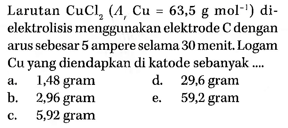 Larutan  CuCl2 (Ar Cu=63,5 g mol^-1) di-  elektrolisis menggunakan elektrode  C  dengan arus sebesar 5 ampere selama 30 menit. Logam Cu yang diendapkan di katode sebanyak ....