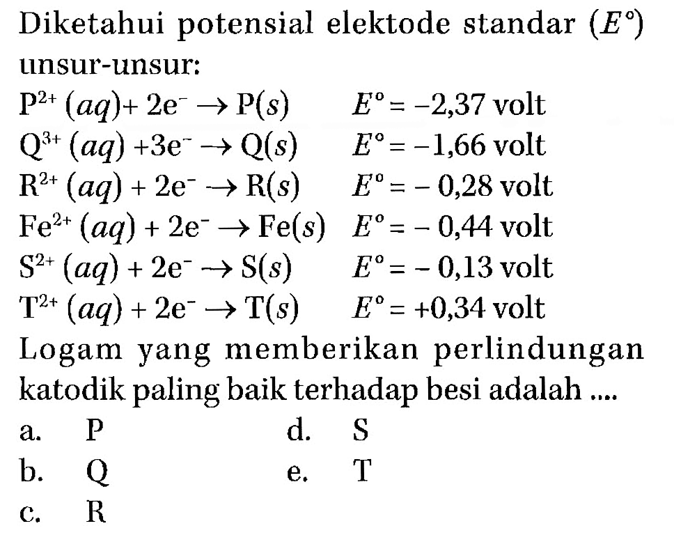 Diketahui potensial elektode standar (E) unsur-unsur: P2+(aq) + 2e -> P(s) E= -2,37 volt Q3+(aq) + 3e -> Q(s) E=-1,66 volt R2+(aq) + 2e -> R(s) E=-0,28 volt Fe2+(aq) + 2e -> Fe(s) E=-0,44 volt S2+(aq) + 2e -> S(s) E=-0,13 volt T2+(aq) + 2e -> T(s) E=+0,34 volt Logam yang memberikan perlindungan katodik paling baik terhadap besi adalah .... а. Р d. S b. Q c. R e. T