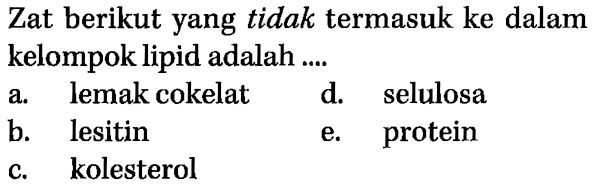 Zat berikut yang tidak termasuk ke dalam kelompok lipid adalah .... 