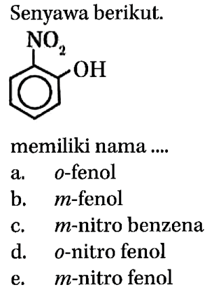 Senyawa berikut. 
(cincin benzena) - OH NO2 
memiliki nama ....