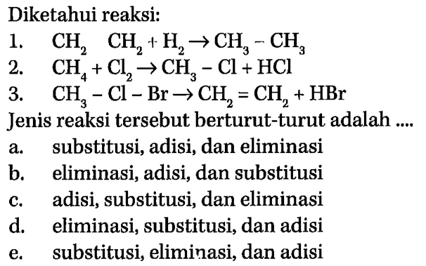 Diketahui reaksi: 1. CH2 CH2 + H2 -> CH3 - CH3 2. CH4 + Cl2 -> CH3 - Cl + HCl 3. CH3 - Cl - Br -> CH2 = CH2 + HBr Jenis reaksi tersebut berturut-turut adalah .... 