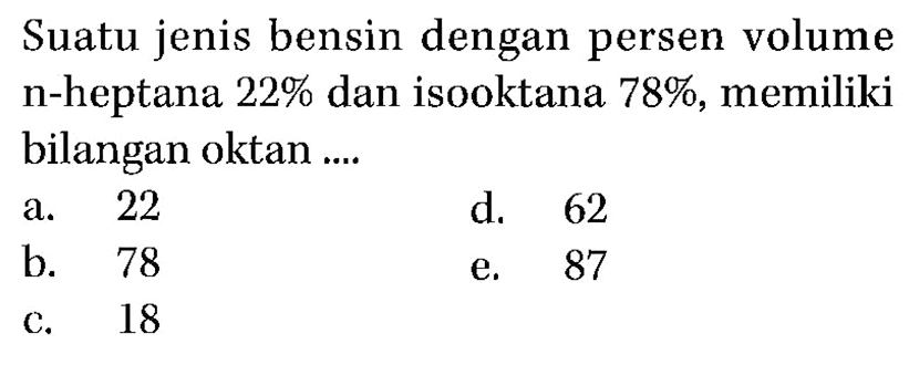 Suatu jenis bensin dengan persen volume n-heptana  22%  dan isooktana  78% , memiliki bilangan oktan ....