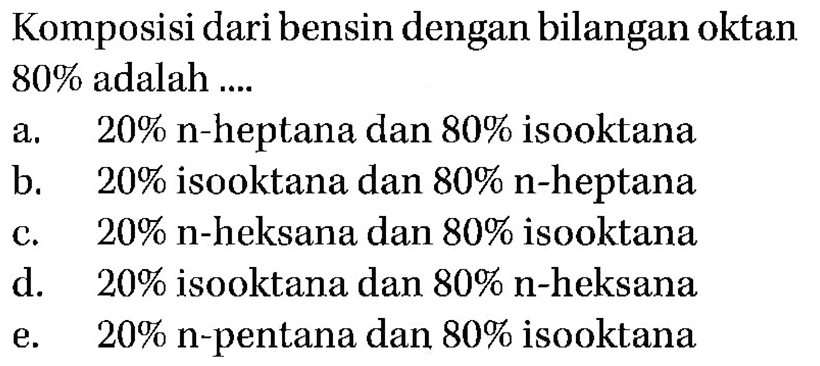 Komposisi dari bensin dengan bilangan oktan 80% adalah ....