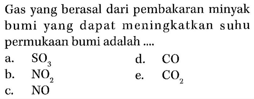 Gas yang berasal dari pembakaran minyak bumi yang dapat meningkatkan suhu permukaan bumi adalah ....